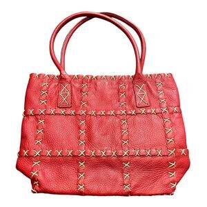 BERGE ITALY GENUINE LEATHER TOTE BAG RED w/ TAUPE STITCHING BOHO WOMENS PURSE‎
